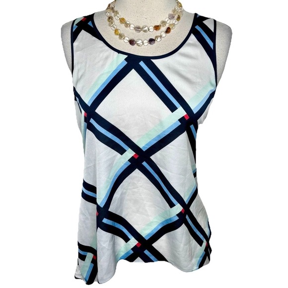 CYNTHIA ROWLEY Womens M Top Blue White Abstract Design Blouse  Sleeveless Office - Picture 1 of 7